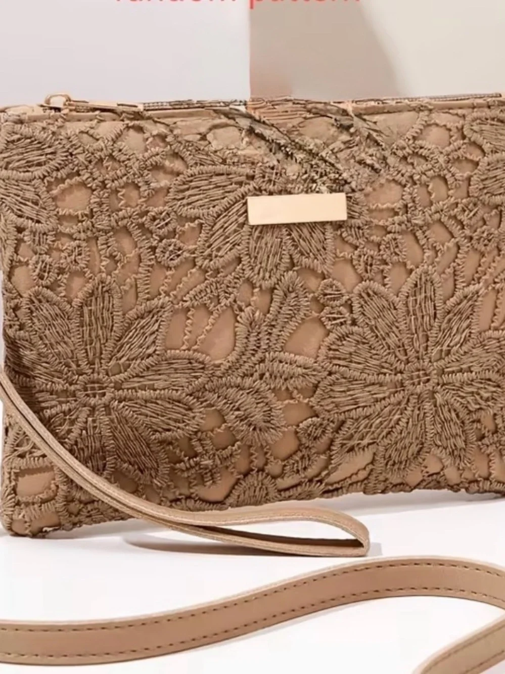Woven Floral Lace Crossbody Bag in Taupe